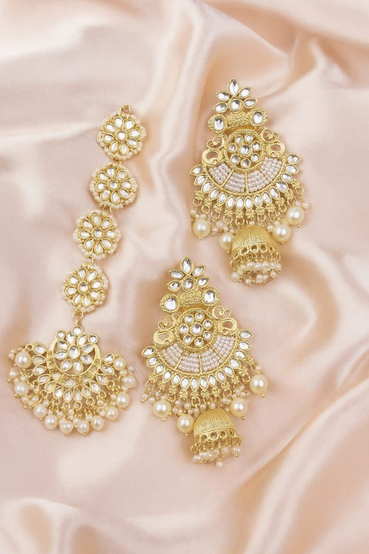 Royal Kundan Pearl Earring & Maang Tikka Set