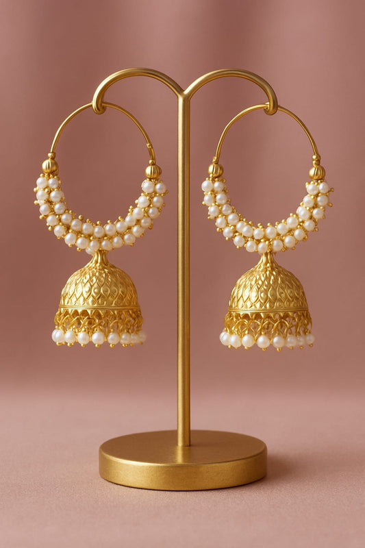 Pearl Grace Golden Chandbali Jhumkas