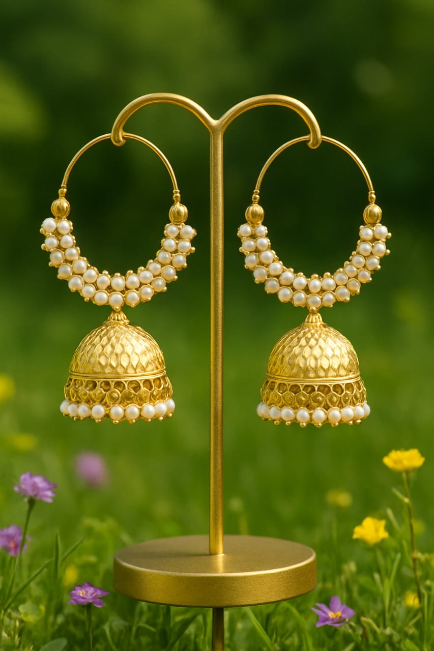 Pearl Grace Golden Chandbali Jhumkas