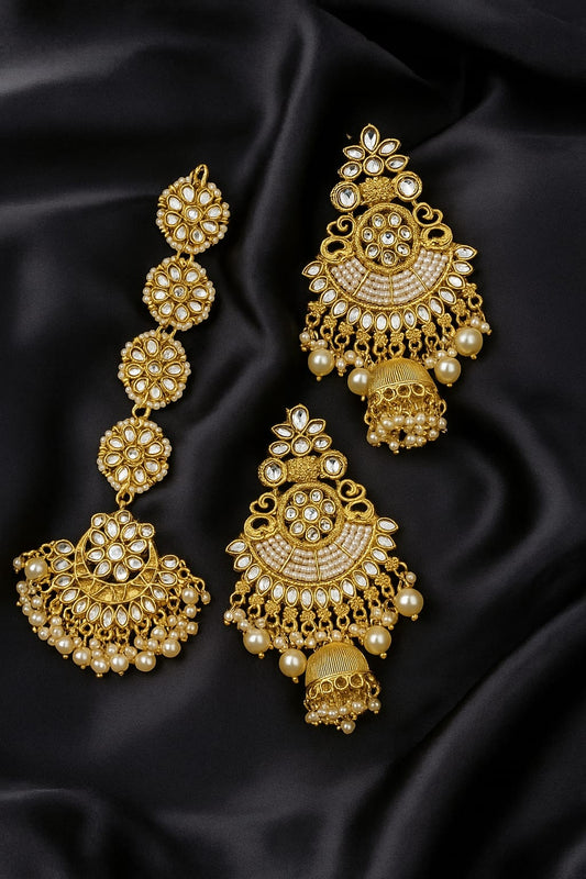 Royal Kundan Pearl Earring & Maang Tikka Set
