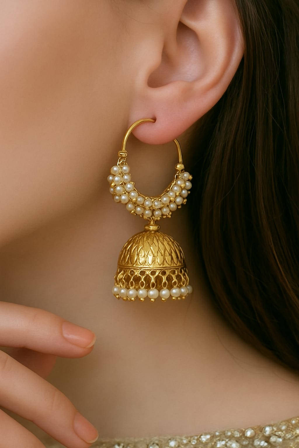 Pearl Grace Golden Chandbali Jhumkas