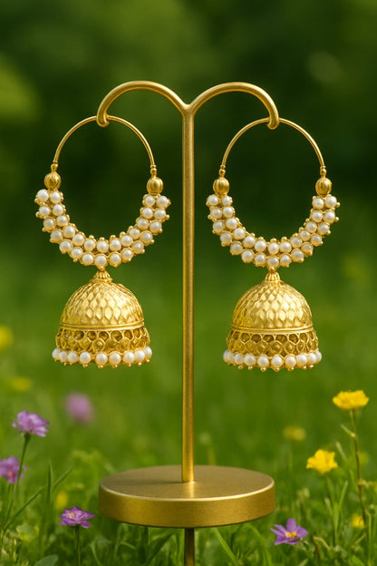 Pearl Grace Golden Chandbali Jhumkas