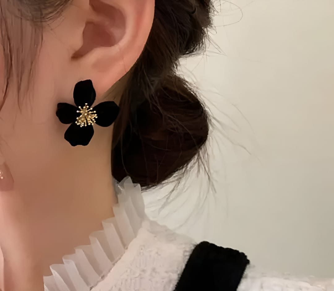 Black Petal Blossom Stud Earrings